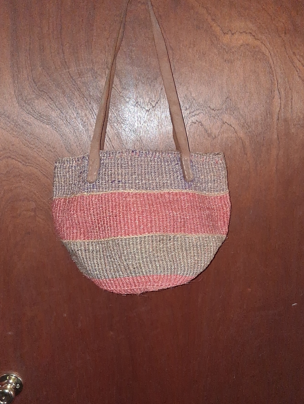 Vintage Striped Woven Tote in Peach  and Tan with Shoulder Straps